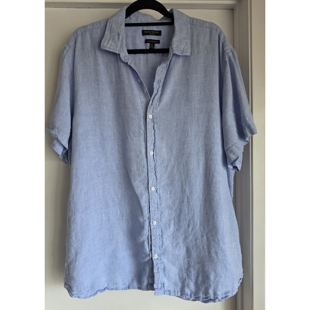 Banana Republic Linen Button Down Shirt XXL Short Sleeve Light Blue Casual